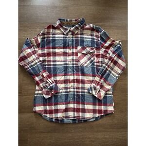CQR Flannel‎ Shirt Mens 2XL Plaid Red Blue White Turn Up Cuffs Soft Outdoor